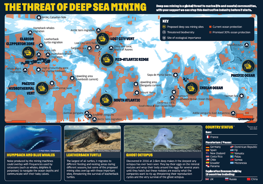 Infographie en anglais – Sites proposés pour l'exploitation minière en eaux profondes et incidences sur les océans et la biodiversité.