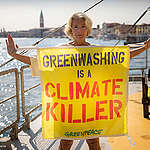 Emma Thompson on board the Greenpeace Rainbow Warrior in Venice supports the European Citizens’ Initiative (ECI) to ban fossil fuel advertisements and sponsorships in the European Union holding a banner against greenwashing. If the petition collects one million signatures in a year, the European Commission is obliged to respond to the proposal.