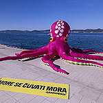 Divovska hobotnica na zadarskim Morskim orguljama s porukom  “More se čuvati mora!”