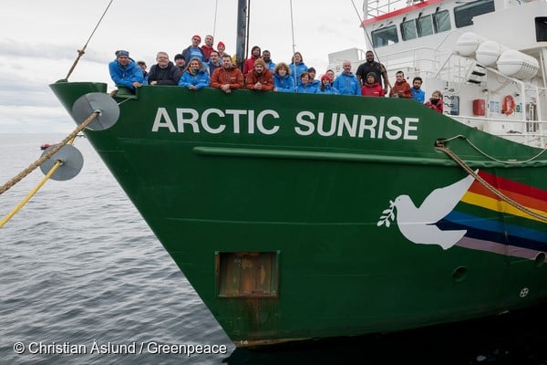 The crew of Arctic Sunrise in Punta Arenas, Chile, en route to the Antarctic for scientific research into the biodiversity of the Antarctic ocean. The scientists on board will gather data to strengthen the case for the creation of an ocean sanctuary in the Weddell Sea.