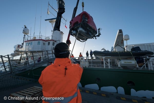 Submarines being loaded on Arctic Sunrise in Punta Arenas, Chile, en route to the Antarctic for scientific research into the biodiversity of the Antarctic ocean. The scientists on board will gather data to strengthen the case for the creation of an ocean sanctuary in the Weddell Sea.