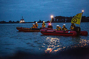 Protest against Ship with Soya Feed in Brake, Germany. © Maria Feck / Greenpeace