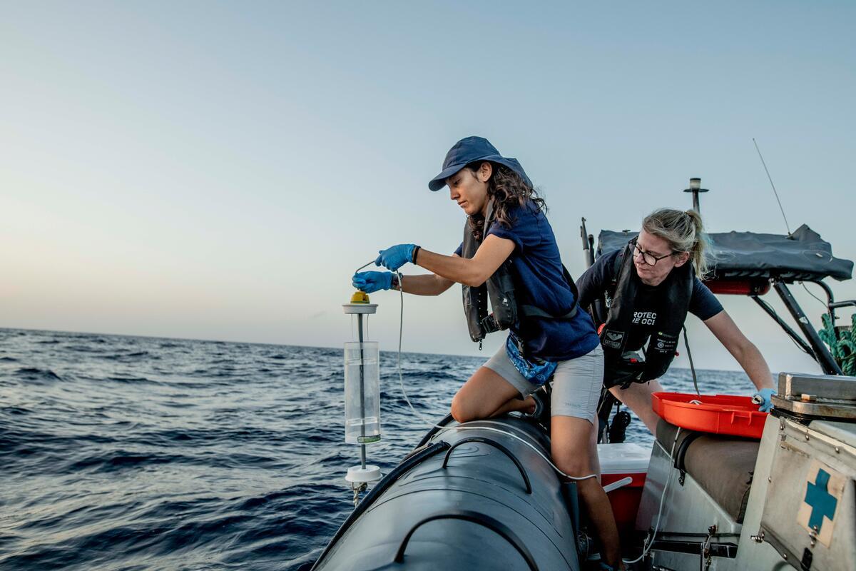 Forsker Paola Sangolqui og rejseleder Sophie Cooke tager eDNA (Environmental DNA) prøver i internationalt farvand et sted mellem Galápagos og Ecuador.