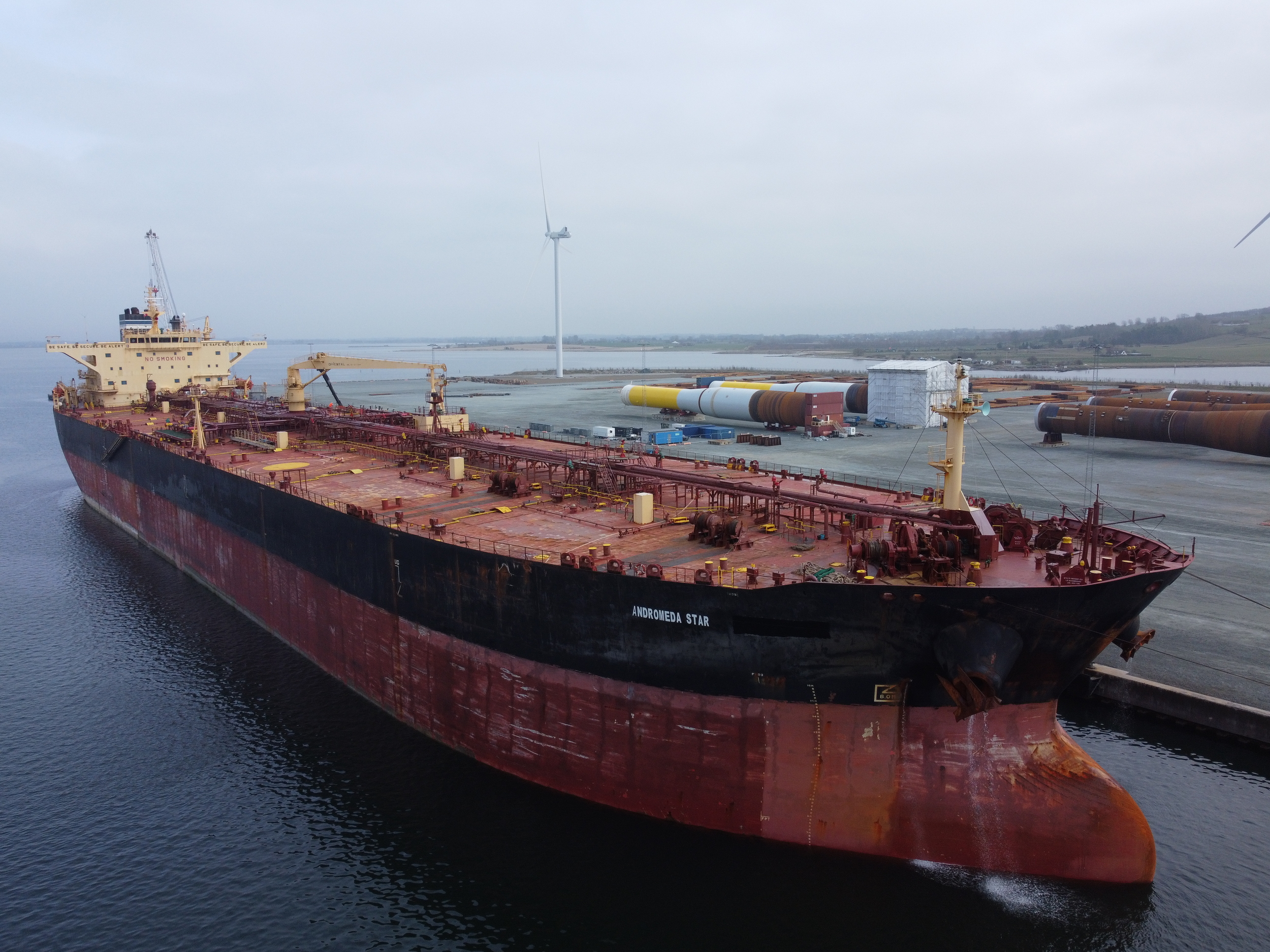 The oil tanker Andromeda Star moored at the Fayard shipyard in Odense, Denmark, after being involved in a collision with an unknown vessel in Danish waters on March 2nd 2024. The collision is a stark reminder of the very real and urgent risk to safety and environment due to the rise of old and decrepit oil tankers operating in the Russian shadow fleet transporting Russian crude to world markets