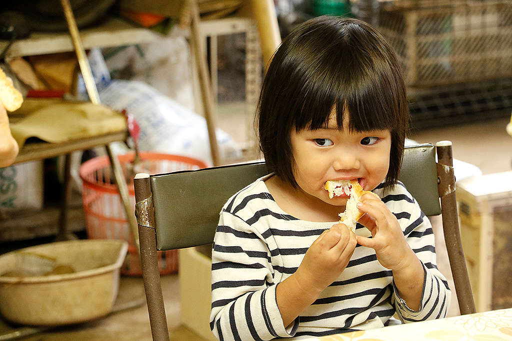 A girl enjoys her bread with honey brought by a beekeeper at a Tokyo organic farm.© Kengo Yoda / Greenpeace