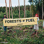 Greenpeace volunteers hold a banner at Meeri, Tartu County, South of Estonia. A logged state forest in high conservation value forest on peatland soil. Some of the wood was sold to Graanul Invest.