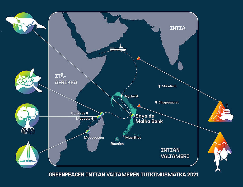 Karttakuva Intian valtamereltä, jossa näkyy Greenpeacen Intian valtameren tutkimusmatka 2021.