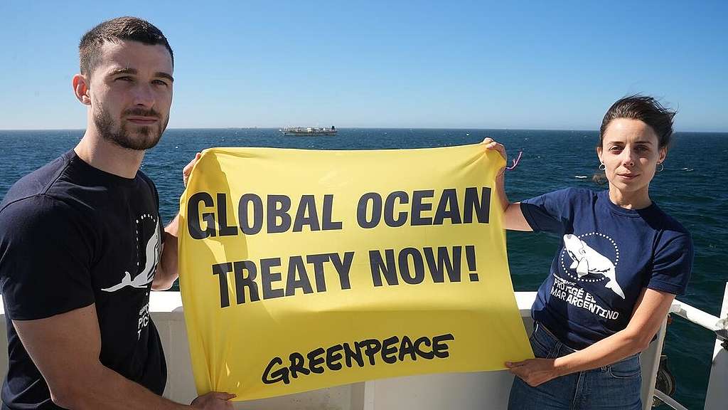 Kaksi Greenpeacen tiimin jäsentä pitävät banderollia, jossa lukee "Global ocena treaty now!" Taustalla näkyy merta.