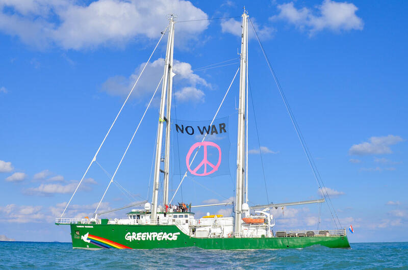 No War Banner on the Rainbow Warrior in Ionian Sea