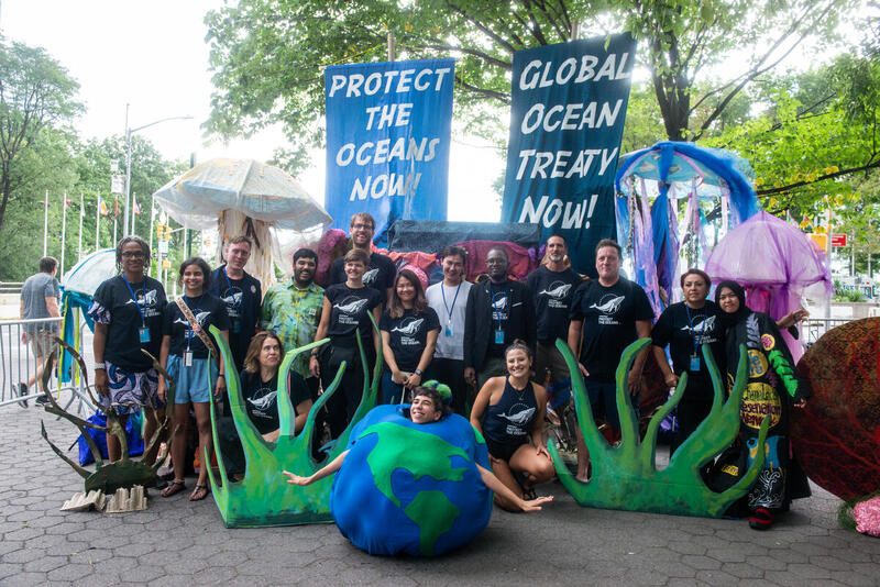 Greenpeacen aktivisteja ja vapaaehtoisia YK:n päämajan edustalla New Yorkissa. Taustalla kylttejä, joissa lukee "Protect the oceans now!" ja "Global ocean treaty now!".