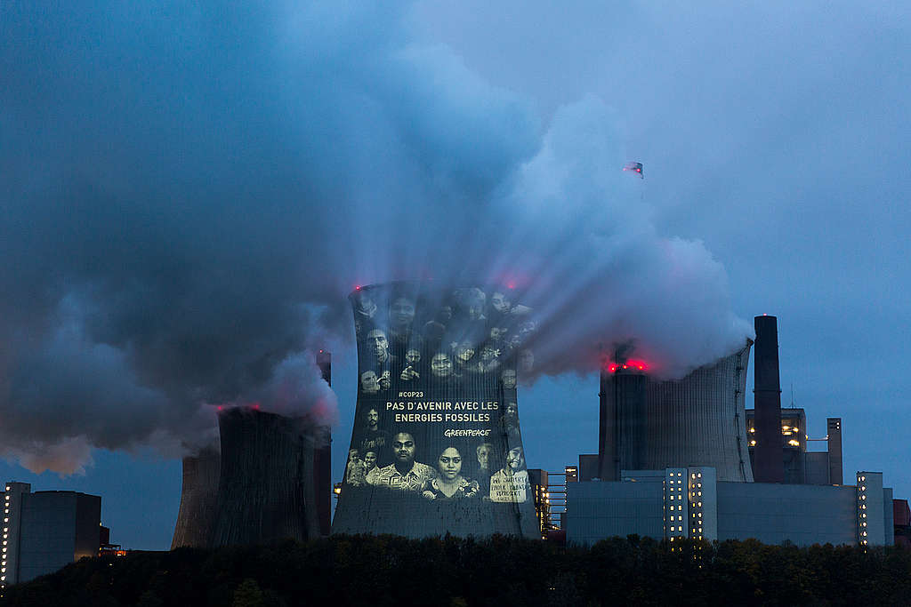 Projection in French onto Coal Power Plant Neurath in Germany. © Daniel Müller