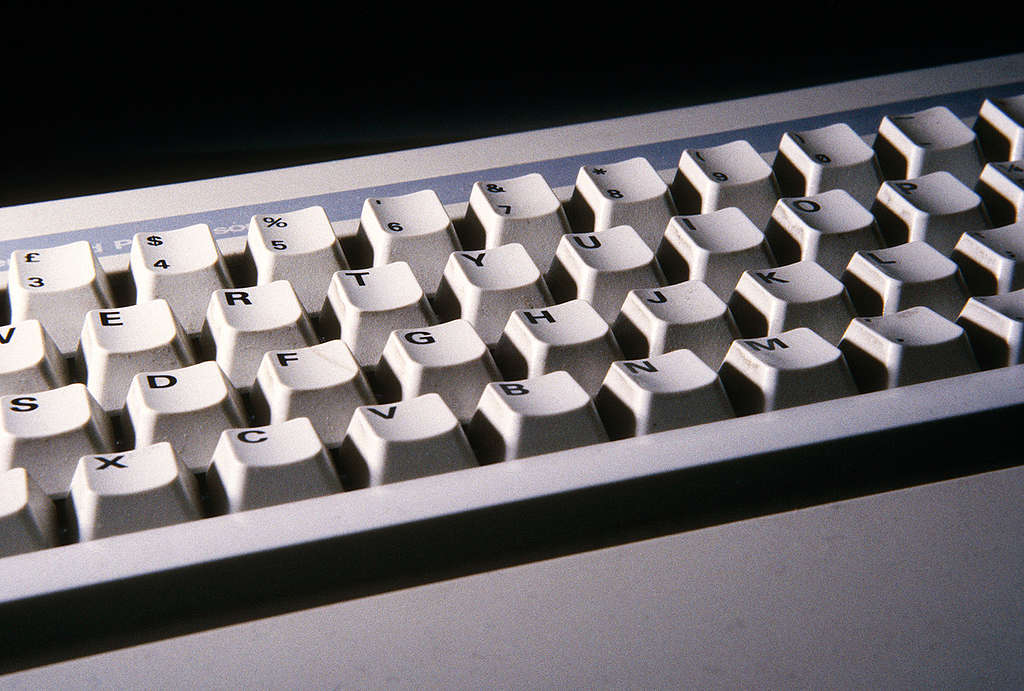 Computer keyboard - ozone depleting CFCs are used in their manufacture, UK. © Greenpeace / Julian Germain