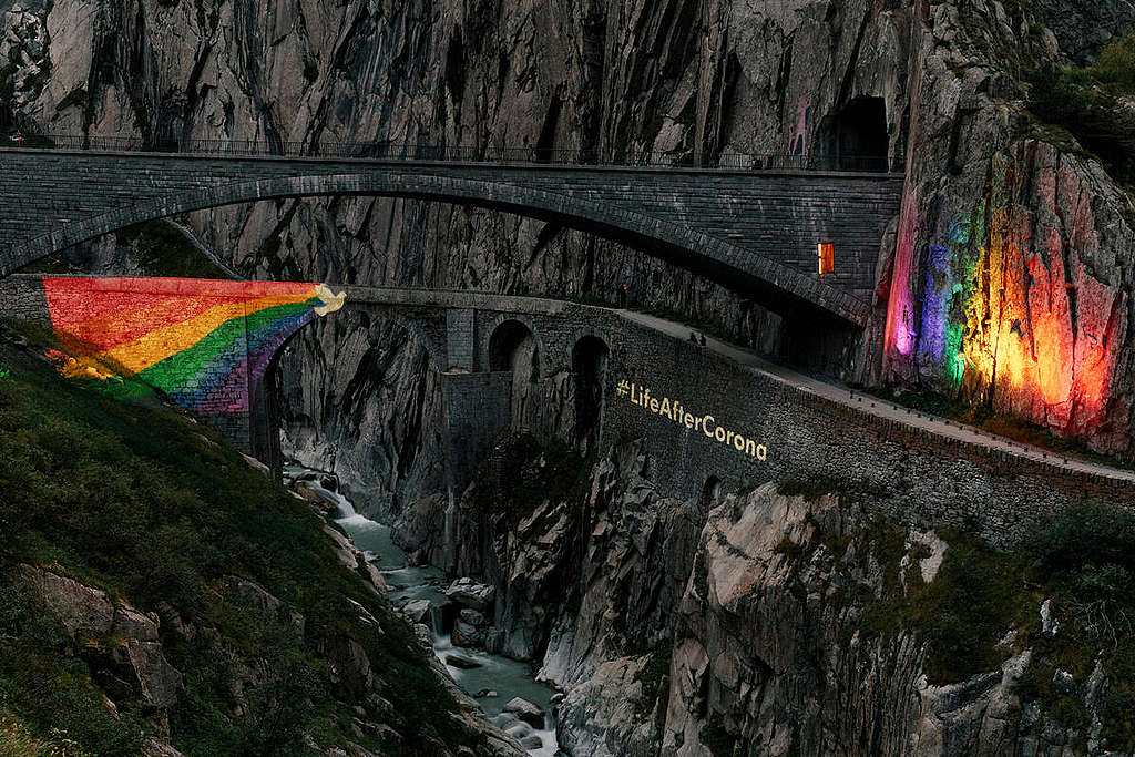 Life after Corona Starts at the Devil's Bridge in Switzerland. © Greenpeace / Joël Hunn
