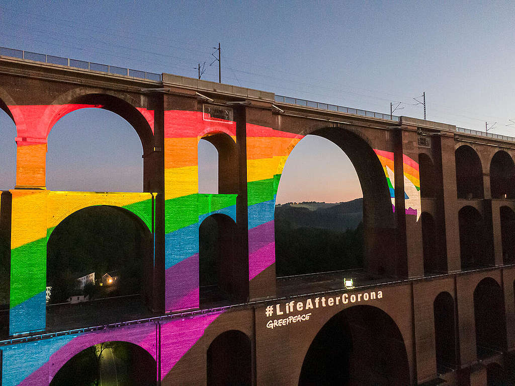 Rainbow Projection at Göltzsch Viaduct in Saxony (Aerial). © Greenpeace