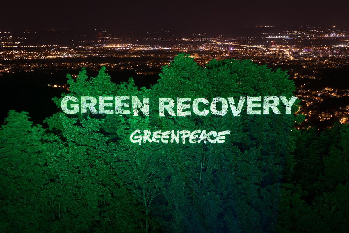 Green Recovery – Projection in the Woods of Zagreb. © Maja Bota / Greenpeace