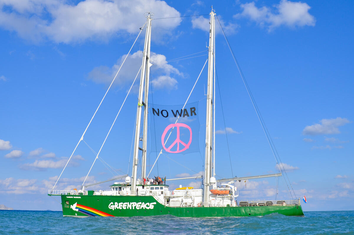 No War Banner on the Rainbow Warrior in Ionian Sea.