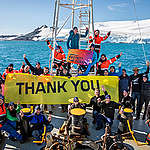 The crew of the Esperanza hold a banner reading "Thank you", South Orkney Islands, Antarctica, .

The Greenpeace ship Esperanza is on the final leg of the Protect the Oceans voyage from the Arctic to the Antarctic. The almost year-long voyage is one of Greenpeace’s biggest ever expeditions and highlights the many threats facing the oceans while campaigning for a Global Ocean Treaty covering all seas outside of national waters.