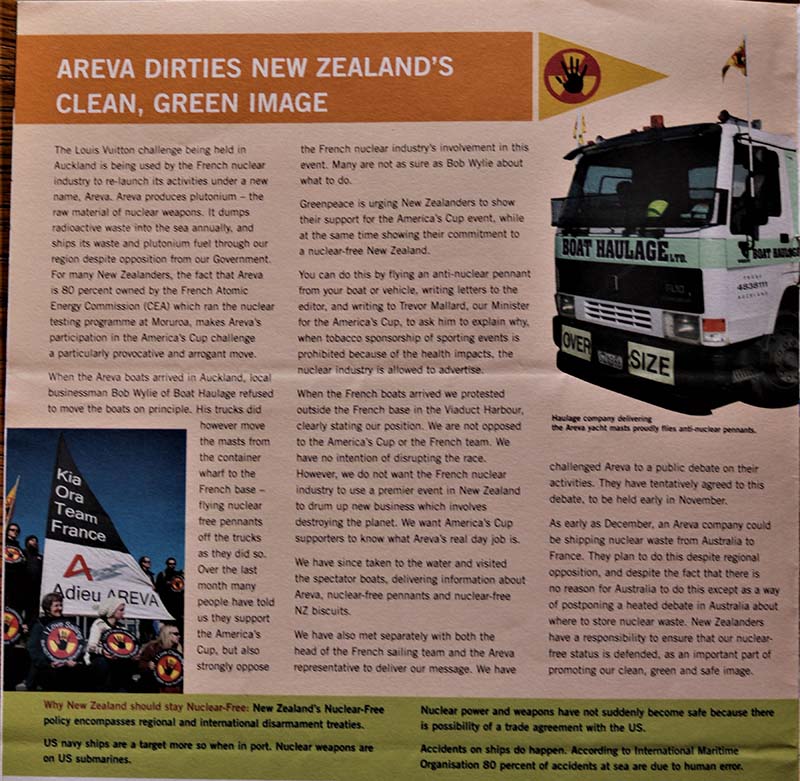 28 August 2002 Greenpeace welcomes the America's Cup French Team to NZ but says the major team sponsor nuclear company Areva is not welcome