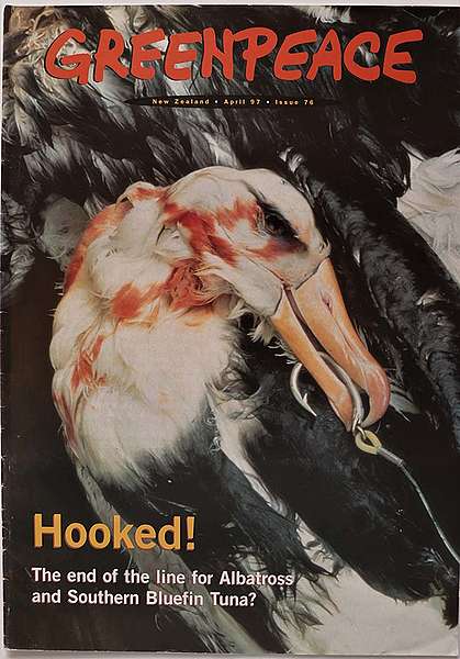 June 1997 Greenpeace reveals the scale of albatross slaughter in tuna fisheries by presenting photos at a Christchurch conference. Photo shows cover of Greenpeace magazine
