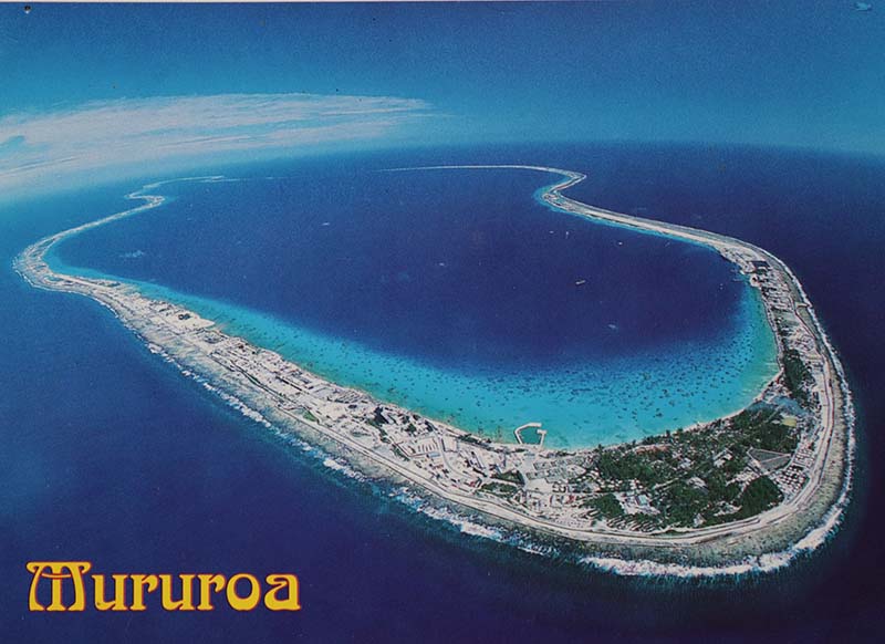 15 November 1990 Postcard view of Moruroa Atoll in the Tuamotu archipelago where the French Government detonated scores of nuclear weapons 1966-1996