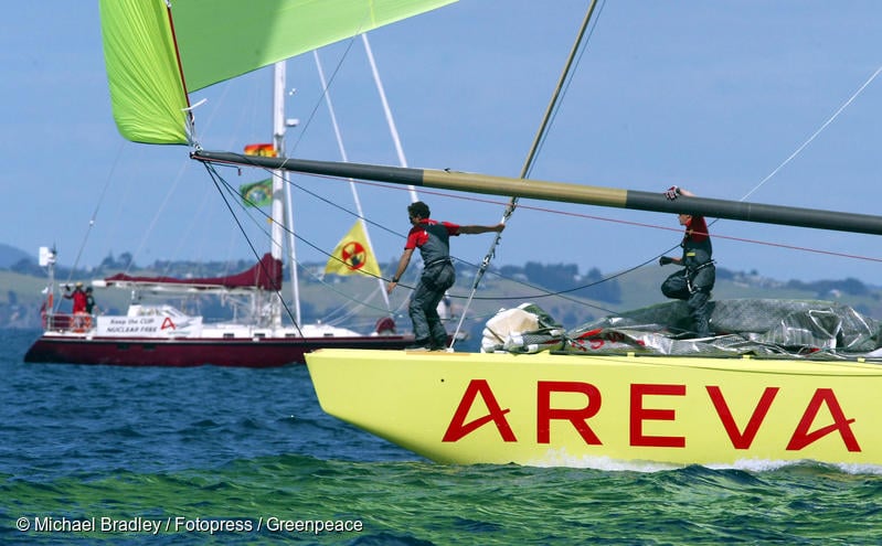 SV Tiama (at left) protesting against the sponsorship of an America’s Cup Race team by the French nuclear giant Areva, Auckland, October 2002