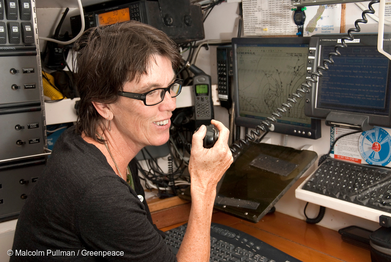 Bunny McDiarmid, Executive Director of Greenpeace New Zealand and skipper of the "Stop Deep Sea Oil" Flotilla vessel Tiama, at the yacht's navigation station off East Cape
