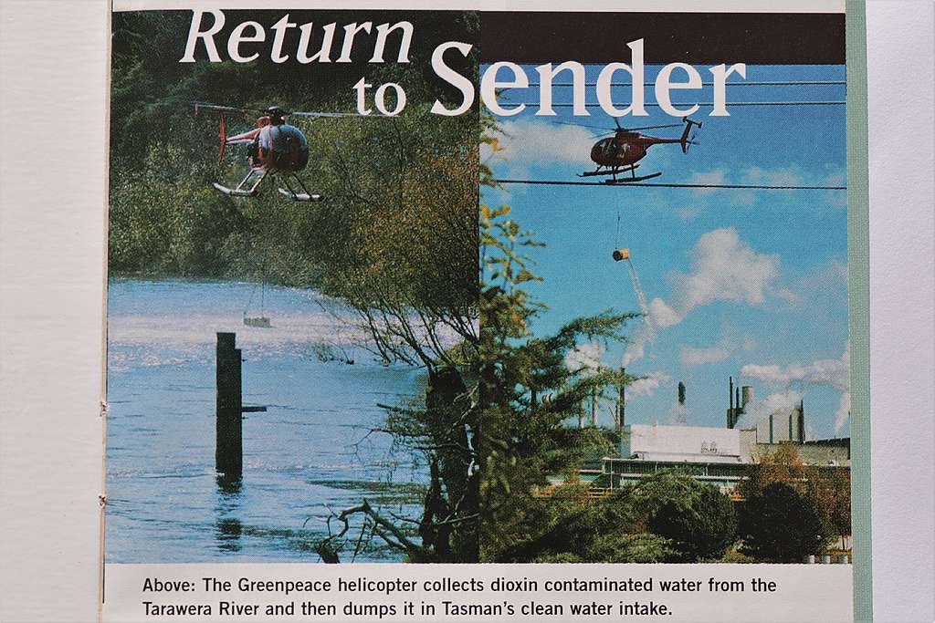 9 May 1997 A Greenpeace helicopter dumps dioxin contaminated river water into the pulp factory clean water intake in Kawerau. Photos by Michael Szabo