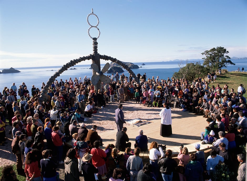 Unveiling the Rainbow Warrior memorial by Chris Booth at Matauri bay in Northland