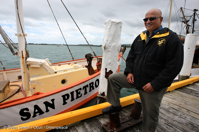 Te Whanau a Apanui tribal leader Rikirangi Gage stands next to the tribe's fishing boat San Pietro in the Port of Tauranga. He spent some time aboard the vessel earlier in 2011 when it was part of the the "Stop Deep Sea Oil" flotilla which disrupted seismic testing by Brazilian oil giant Petrobras in Raukumara Basin, off East Cape, North Island.