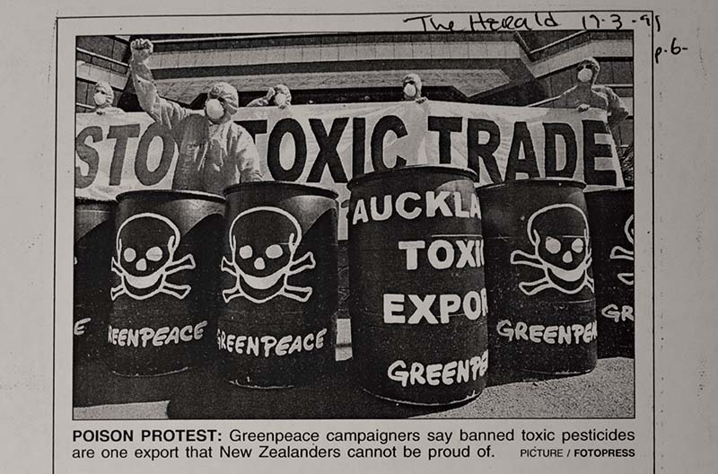 March-April 1999 Greenpeace pickets Auckland regional council offices with mock toxic waste barrels  and demands an end to toxic waste exports