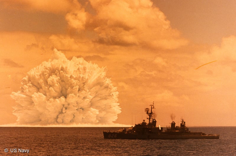 Underwater nuclear weapon explosion of an ASROC missile fired from USS Agerholme in the Marshall Islands in the 1950s
