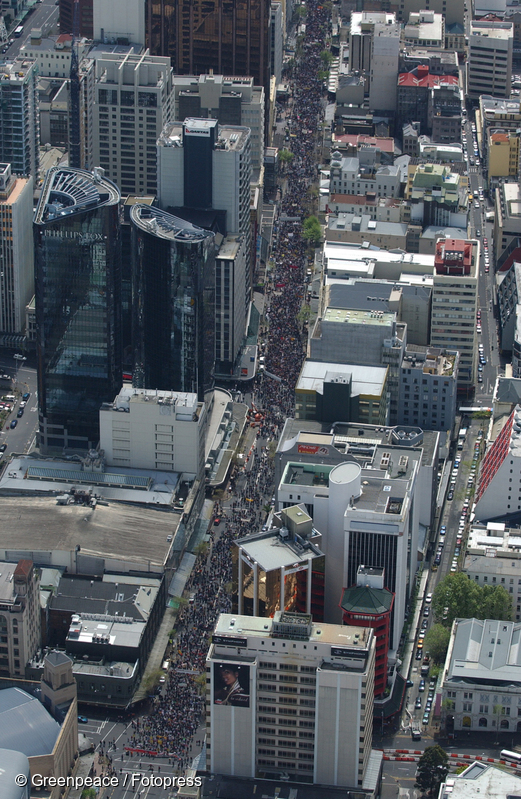 Aerial view of the GE-Free march going up Queen Street in Auckland
