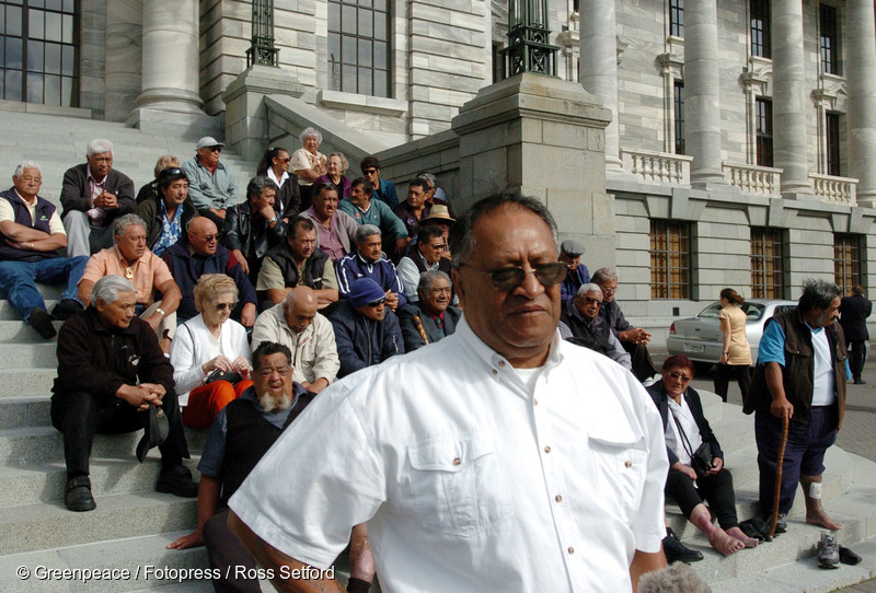 Joe Harawira, chairman of SWAP (Sawmill workers against poison) outside Parliament, Wellington, Thursday, March 10, 2005. SWAP are a group of ex sawmill workers from Whakatane suffering from chemical poisoning who are visiting MP's in Parliament to get support to stop the dumping of toxic waste.
