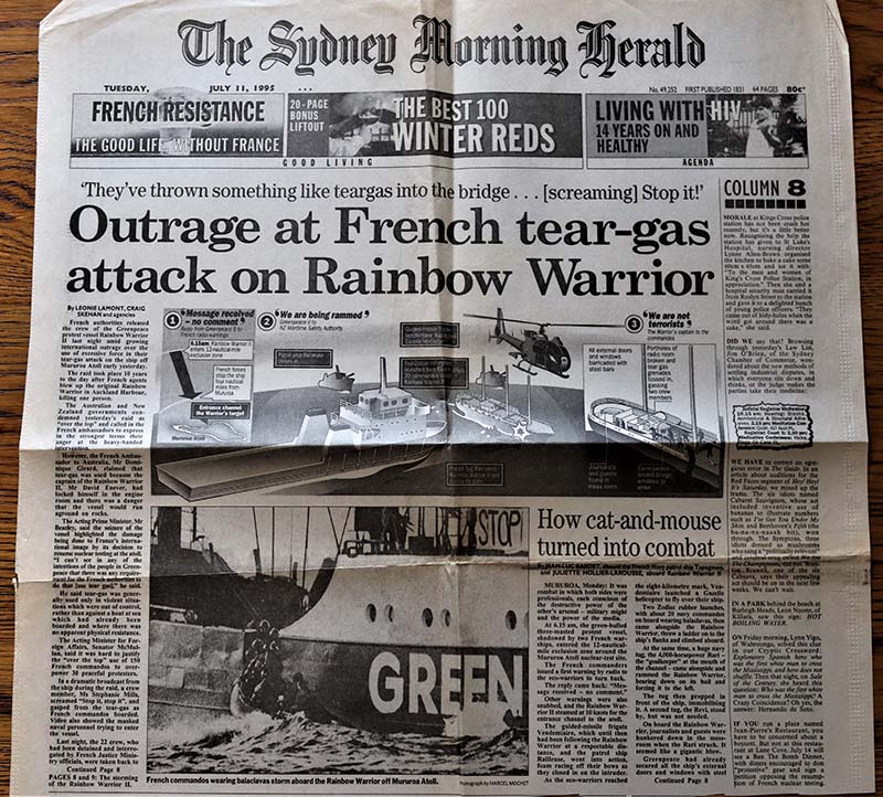 9-10 July 1995 Sydney Morning Herald front page report on the storming of the Rainbow Warrior by French commandos at Moruroa Atoll