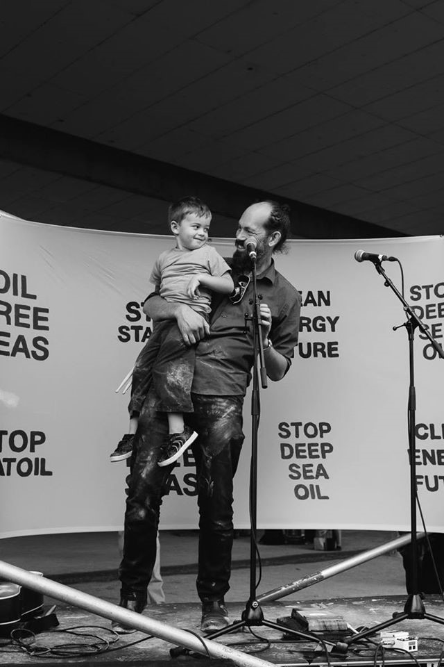 15 February 2014 Steve Abel and his son Quinn at a deep sea oil drilling protest