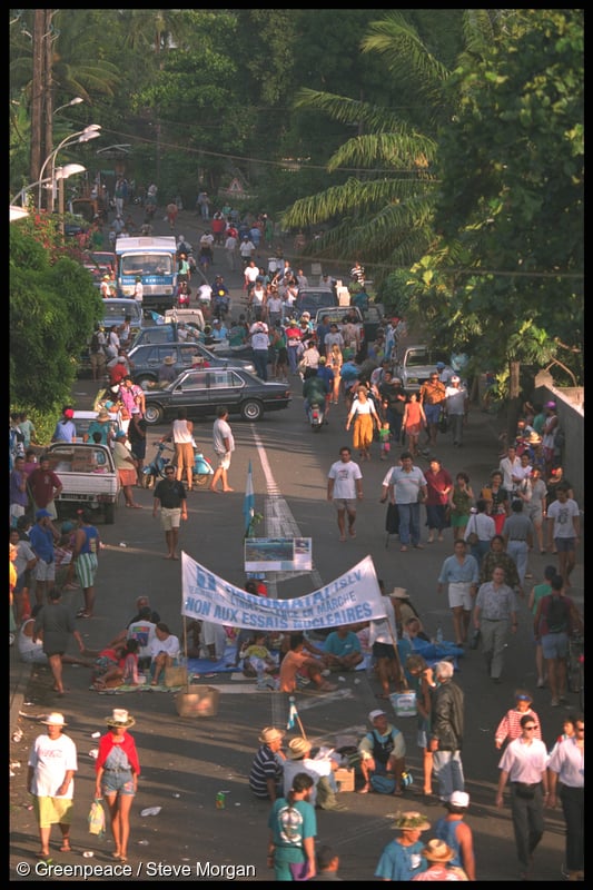 Thousands took to the streets of Papeete to march and block the roads in protest against the planned nuclear tests