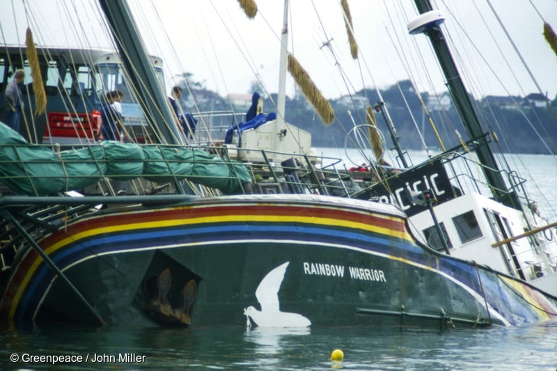 The Rainbow Warrior is in Marsden Wharf in Auckland Harbour after the bombing by French secret service agents.