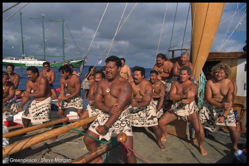 The Cook Islands crew of Te-au-Tonga perform a haka against the nuclear tests, seen here flanked by SV Rainbow Warrior II: