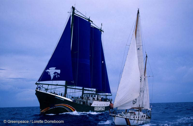 SV Rainbow Warrior II and SV Vega in the military exclusion zone around Kwajalein Atoll, the US ‘Star Wars’ missile test site in the Marshall Islands, May 1991