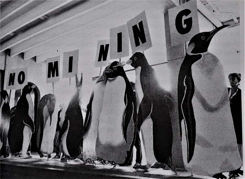 December 1990 -  Greenpeace 'penguins' protest at outside the Antarctic minerals negotiations in Wellington in 1988