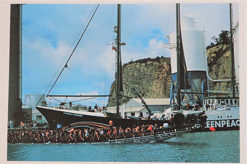 1 February – 1 March 1991 Tamatea-Ariki-Nui  and SV Rainbow Warrior II in the port of Napier. Photo by Lorette Dorreboom