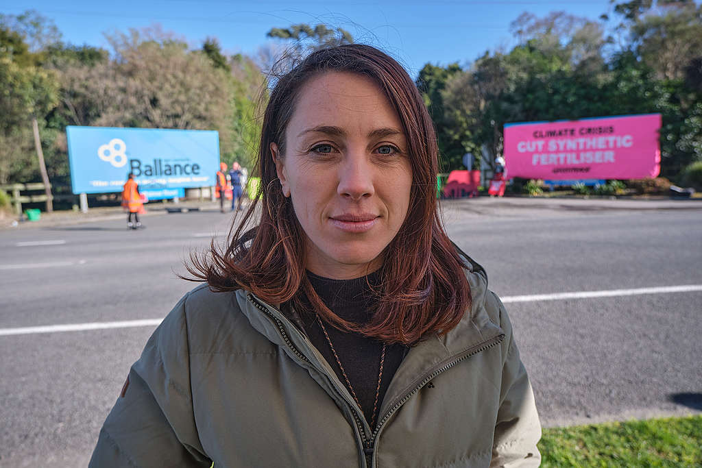 27 July 2020 Greenpeace Agriculture Campaigner Genevieve Toop during a Greenpeace blockade of a fertiliser factory in Taranaki. Photo by Nick Tapp