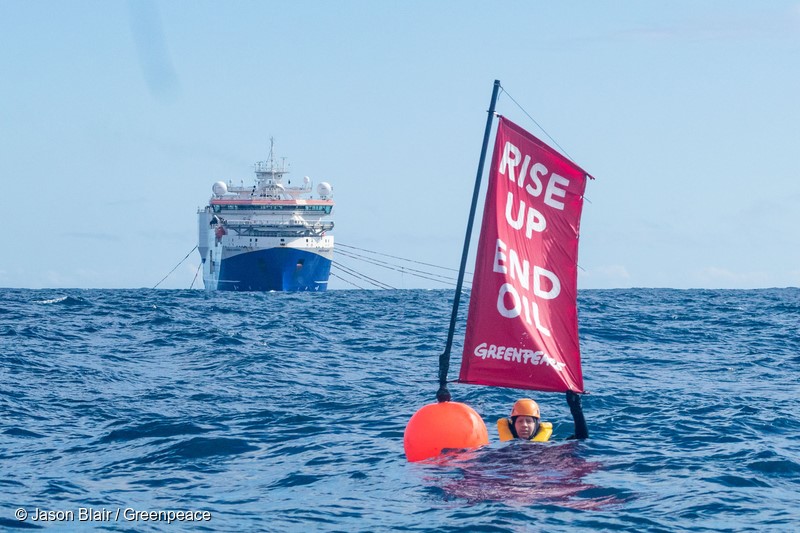 10 April 2017 - Three Greenpeace activists including Greenpeace NZ executive director Russel Norman swam in front of the 125m Amazon Warrior nicknamed 'The Beast' which is conducting offshore oil exploration vessel off the New Zealand coast on behalf of Statoil and Chevron. The swimmers’ position forced the oil exploration ship to halt its operations and deviate off course.They were 50 nautical miles off the Wairarapa coast and got their aboard Greenpeace NZ's new crowdfunded boat Taitu.To find oil, the Amazon Warrior is using seismic cannons to blast the seafloor with soundwaves every eight seconds, day and night. It needs to travel in straight lines along a grid to get data about potential oil reserves, and any deviation makes this data unusable.