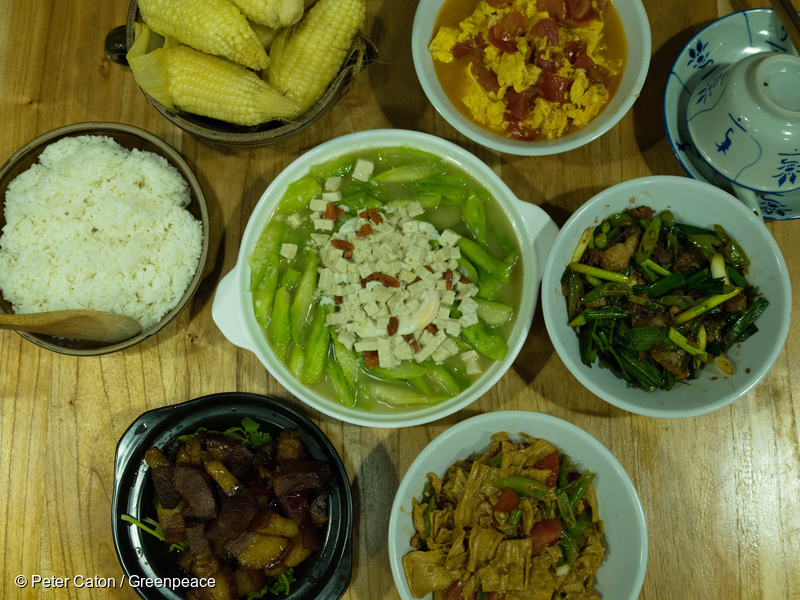 An organic meal ready to be eaten at Chen’s organic resturant in Guangxi, China.