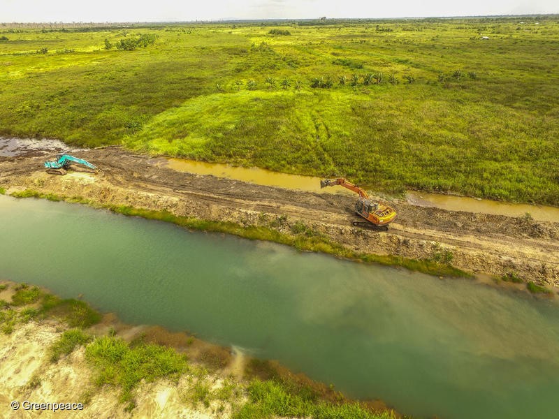 A drone image shows excavators working build a canal in PT MPK concession in Ketapang, West Kalimantan.