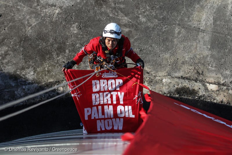Activist carries a banner as she hangs on the rope during the action in Bitung, North Sulawesi. Thirty Greenpeace activists from Indonesia, Malaysia, the Philippines, Thailand, UK, France and Australia occupy a palm oil refinery belonging to Wilmar International, the world’s largest palm oil trader and supplies major brands including Colgate, Mondelez, Nestlé and Unilever destroying rainforests in Kalimantan and Papua, Indonesia.