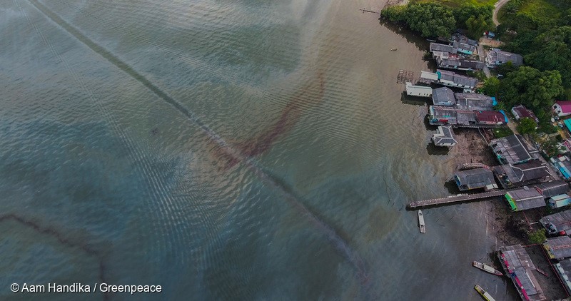 A drone image shows oil spill surrounding Mangrove forest in Kariangau village, Balikpapan Bay, East Kalimantan. An oil spill off Balikpapan bay in Borneo island that led to five deaths and the declaration of a state of emergency was caused by a burst of undersea pipe belongs to Indonesia's state oil company Pertamina