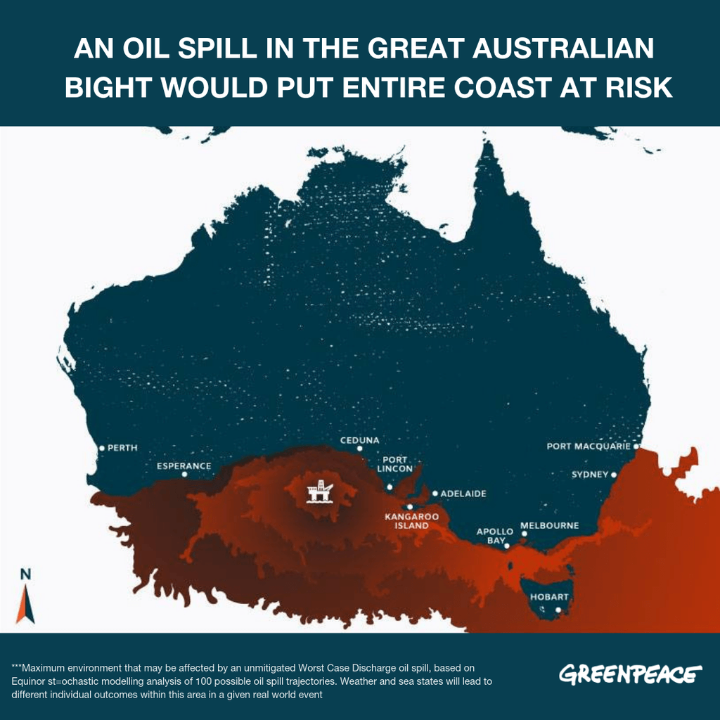 綠色和平2018年披露文件，指出Equinor的估算模型早已揭示潛在漏油事故將禍及整個澳洲南海岸，仍一意孤行染指大澳洲灣。© Greenpeace