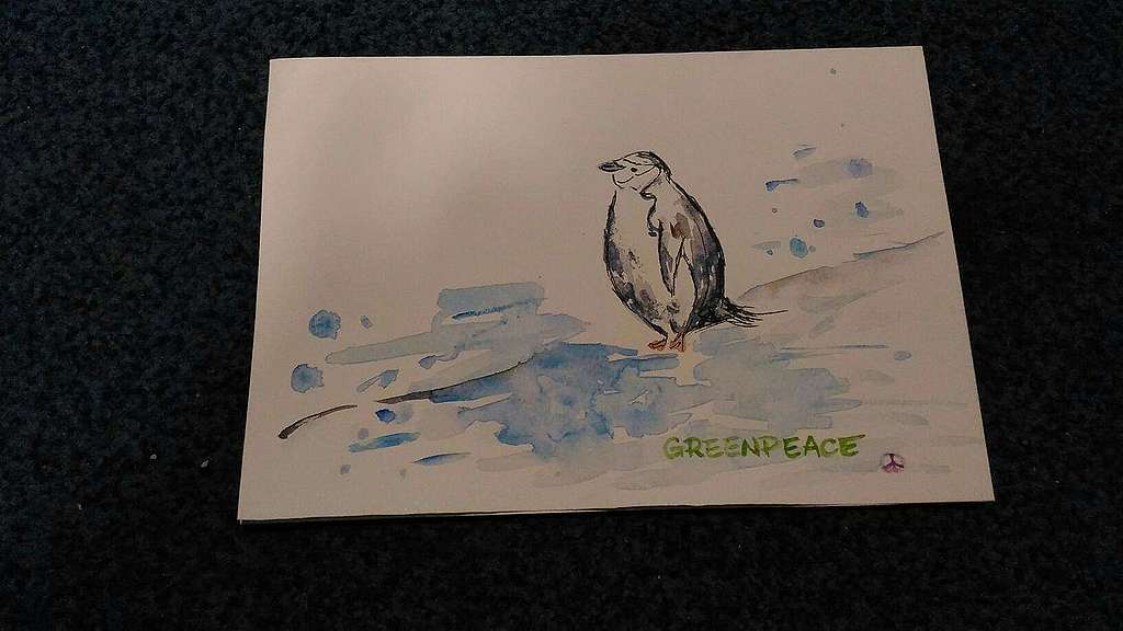 頰帶企鵝形單影隻看海一剎那，小豚以手繪卡片記錄下來。 © Yei Hsuan Huang / Greenpeace