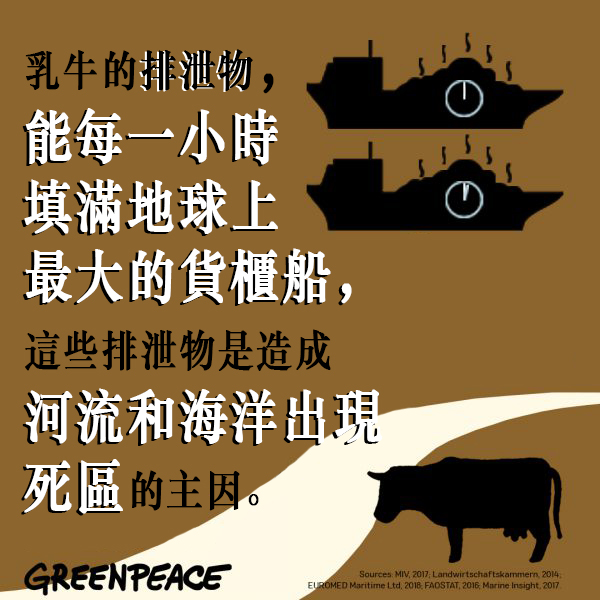 乳牛的排泄物，能每一小時填滿地球上 最大的貨櫃船，這些排泄物是造成河流和海洋出現死區的主因。潔淨的水源有多重要，在疫症之下我們天天洗手，應該不說自明。© Greenpeace
